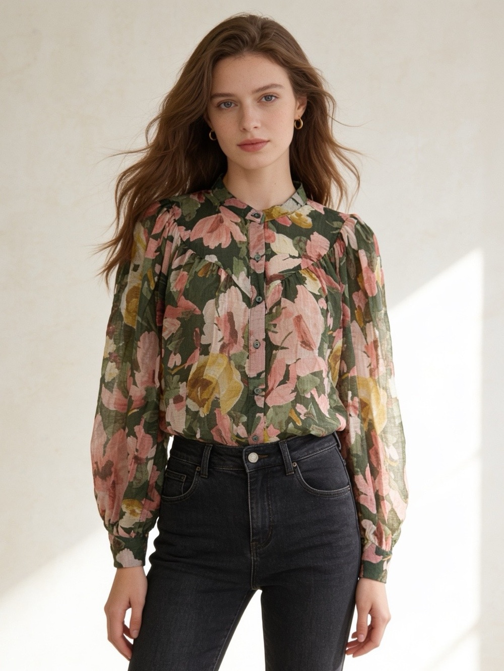 Vince Camuto Floral Button Front Blouse Green Pink Long Sleeve Peasant Top M